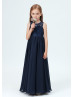 Navy Blue Lace Chiffon Simple Junior Bridesmaid Dress